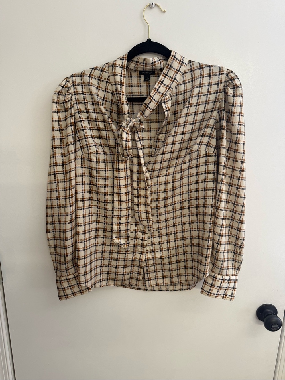 Ann Taylor Cream Plaid Tie-Neck Shirt